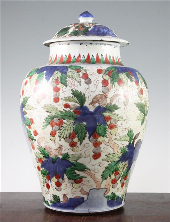 A Chinese wucai ovoid jar and cover, late 17th century, 37.5cm